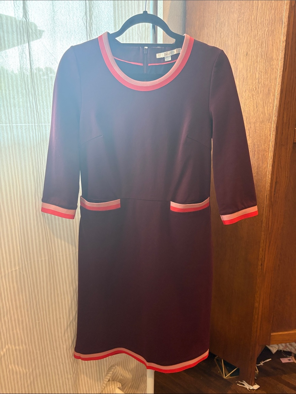 Boden Burgundy Long Sleeve Dress with Pink Trim